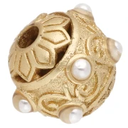 Perle ronde ethnique 9 mm avec cabochons en nacre - Doré à l'or fin - Blanc x1