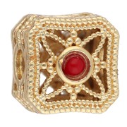 Perle carrée 8.5 mm avec cabochons imitation gemme - Doré à l'or fin x1