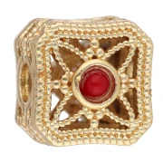 Perle carrée 8.5 mm avec cabochons imitation gemme - Doré à l'or fin x1