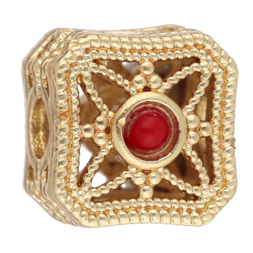 Perle carrée 8.5 mm avec cabochons imitation gemme - Doré à l'or fin x1