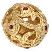 Perle ronde travaillée 8 mm avec oxydes de zirconium - Doré à l'or fin - Fuchsia
