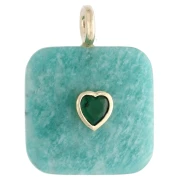 Pendentif carré facetté 33x25 mm en pierre gemme et coeur CZ - Amazonite x1