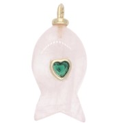 Quartz rose - Pendentif poisson 28x13 mm avec coeur CZ et pierre gemme - Quartz Rose x1 Pendentif poisson 28x13 mm avec coeur CZ et pierre gemme - Quartz Rose x1