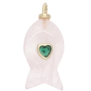 Pendentif poisson 28x13 mm avec coeur CZ et pierre gemme - Quartz Rose x1