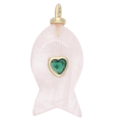 Pendentif poisson 28x13 mm avec coeur CZ et pierre gemme - Quartz Rose x1