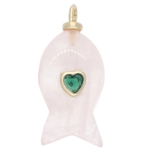 Pendentif poisson 28x13 mm avec coeur CZ et pierre gemme - Quartz Rose x1