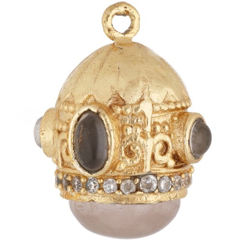 Pendentif ethnique 21x17 mm CZ & pierre gemme - Doré à l'or fin - Quartz rose x1