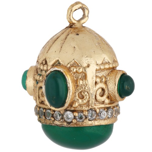 Pendentif ethnique 21x17mm CZ & pierre gemme teintée - Doré à l'or fin - Onyx Vert