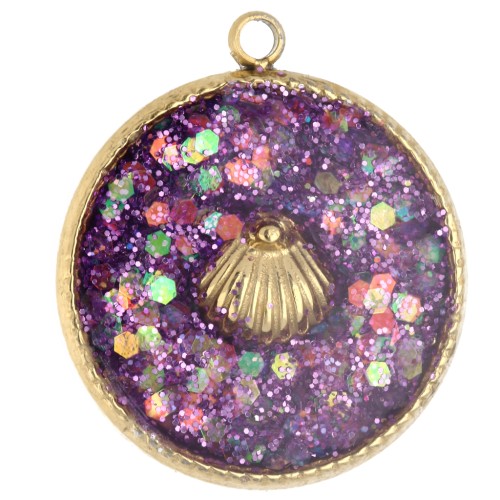 Breloque ronde 17.5 mm motif coquillage Résine époxy Acier inox 304 Doré Violet x1