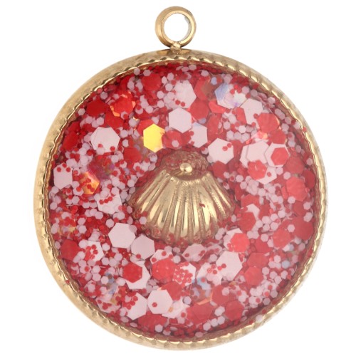 Breloque ronde 17.5 mm motif coquillage Résine époxy Acier inox 304 Doré -Rouge x1