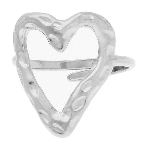 Bague réglable coeur ajouré martelé 19x16 mm - T. 53 à 56 - Acier inoxydable 316