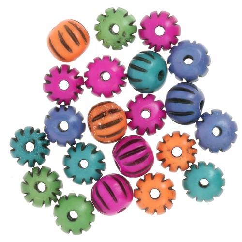 Cadeau - Perles rondes aplaties 12x10 mm en os gravé - Multicolore x39g