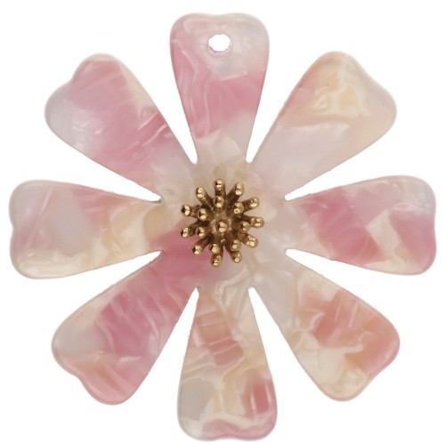 Pendentifs fleur 40 mm en acétate et Acier inox 304 Doré - Rose - Blanc nacré x2