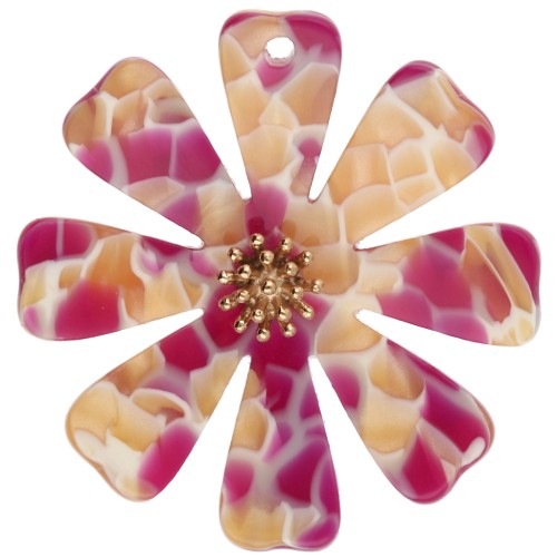 Pendentifs fleur 40 mm en acétate et Acier inox 304 Doré - Fuchsia - Miel nacré x2