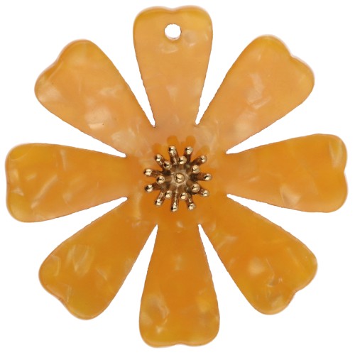 Pendentifs fleur 40 mm en acétate et Acier inox 304 Doré - Orange nacré x2
