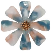 Pendentifs fleur 40 mm en acétate et Acier inox 304 Doré - Bleu - Saumon nacré x2