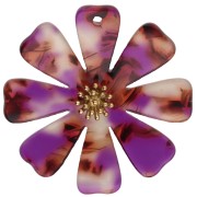 Pendentifs fleur 40 mm en acétate et Acier inox 304 Doré - Violet - Marron x2