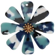 Pendentifs fleur 40 mm en acétate et Acier inox 304 Doré - Multi Bleu - Blanc x2