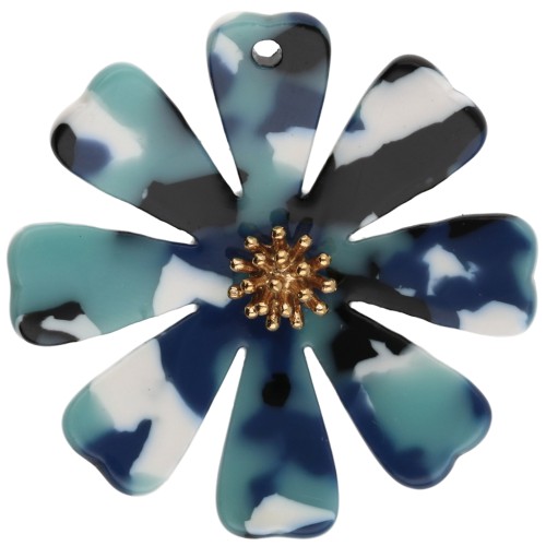 Pendentifs fleur 40 mm en acétate et Acier inox 304 Doré - Multi Bleu - Blanc x2