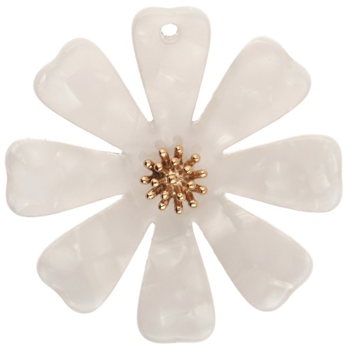 Pendentifs fleur 40 mm en acétate et Acier inox 304 Doré - Blanc nacré x2