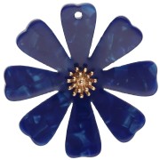 Pendentifs fleur 40 mm en acétate et Acier inox 304 Doré - Bleu foncé nacré x2