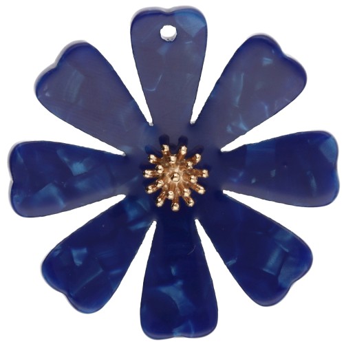 Pendentifs fleur 40 mm en acétate et Acier inox 304 Doré - Bleu foncé nacré x2