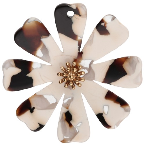 Pendentifs fleur 40 mm en acétate et Acier inox 304 Doré - Crème - Marron foncé x2