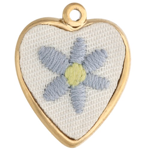 Pendentif cœur brodé 27x22 mm - motif fleur - Acier inoxydable 304 Doré x1