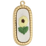 Pendentif ovale brodé 32x14 mm - motif fleur - Acier inoxydable 304 Doré x1
