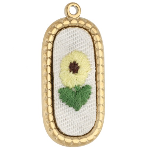 Pendentif ovale brodé 32x14 mm - motif fleur - Acier inoxydable 304 Doré x1