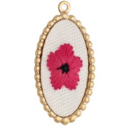 Pendentif ovale brodé 32x16.5 mm - motif fleur - Acier inoxydable 304 Doré x1