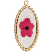Pendentif ovale brodé 32x16.5 mm - motif fleur - Acier inoxydable 304 Doré x1