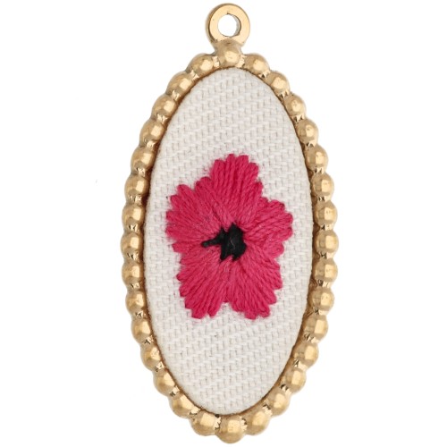 Pendentif ovale brodé 32x16.5 mm - motif fleur - Acier inoxydable 304 Doré x1