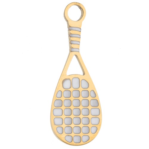 Breloque raquette de tennis 18x7 mm résine époxy - Acier inox 316 Doré - Blanc x1