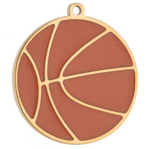Breloque ballon de basket 16 mm résine époxy - Acier inox 316 Doré - Orange x1