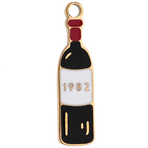 Breloque bouteille de vin 18x5 mm résine époxy - Acier inoxydable 316 Doré - Noir