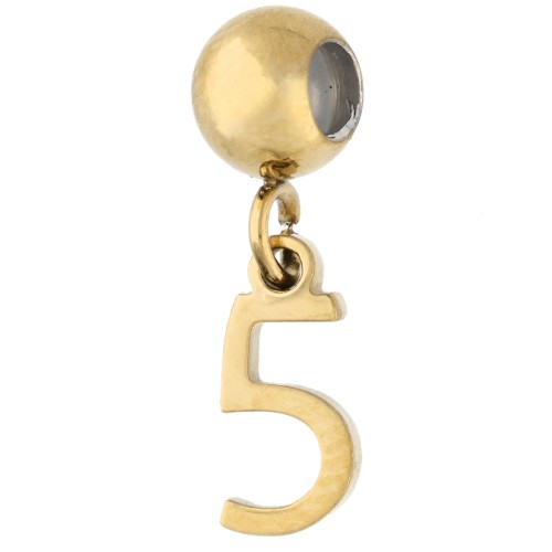 Perle stoppeur 5 mm avec breloque chiffre 5 - Acier inoxydable 304 Doré x1