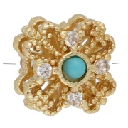 Perle fleur 8 mm avec CZ et imitation pierre gemme - Turquoise - Doré à l'or fin