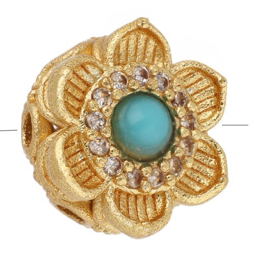 Perle fleur multi-trous 10 mm avec imitation pierre gemme et CZ - Doré or fin