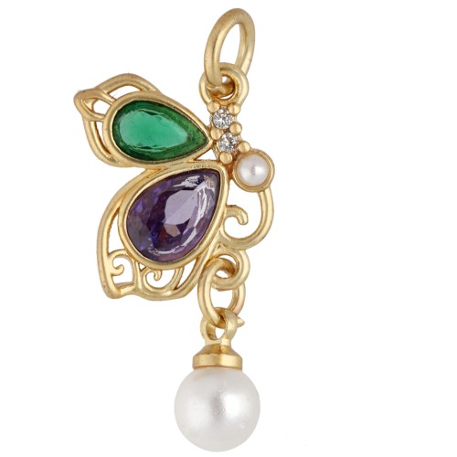Pendentif papillon 22x11 mm avec CZ et breloque imitation nacre - Doré or fin