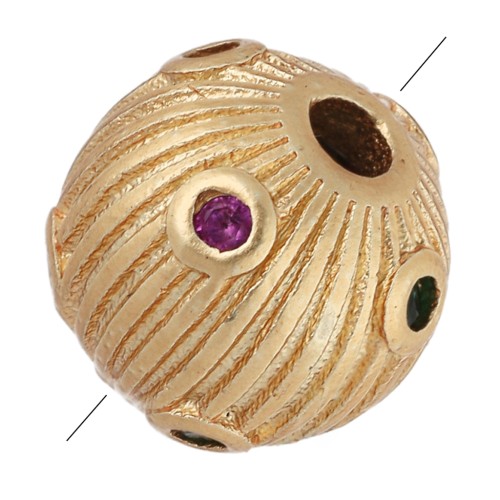 Perle ronde striée 7mm et oxydes de Zirconium - Doré à l'or fin - Fuchsia - Vert