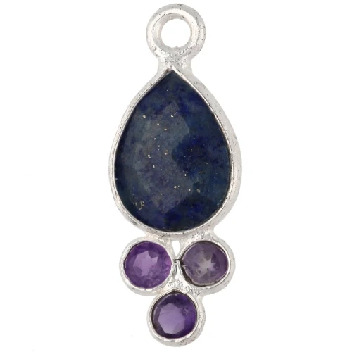 Pendentif goutte 18x7mm pierre gemme Placage Argent fin - Lapiz lazuli & Amethyste