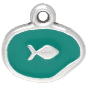 Breloque ovale irrégulière 13mm - poisson - Placage Arg fin vieil - Vert Turquoise