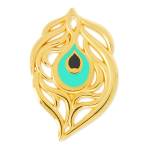 Pendentif plume de paon époxy 40x26 mm Noir/Turquoise/doré x1