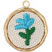 Rond - Pendentif rond brodé 23 mm - motif fleur - Acier inoxydable 304 Doré x1 Pendentif rond brodé 23 mm - motif fleur - Acier inoxydable 304 Doré x1