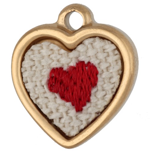 Breloque cœur brodé 16x14 mm - motif coeur - Acier inoxydable 304 Doré x1