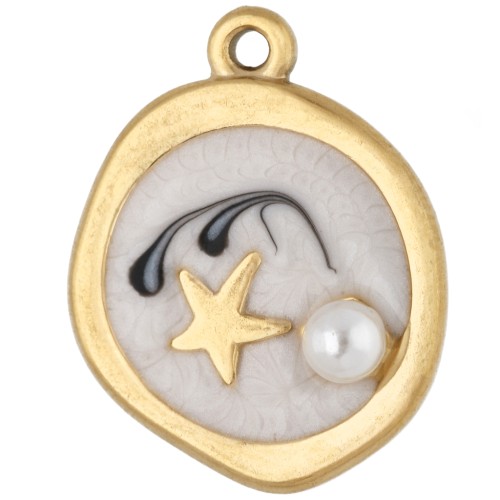 Breloque ronde irrégullière 20x16 mm - motif étoile - Acier inox 304 Doré - Blanc