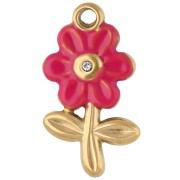 Breloque fleur 18.5x10 mm avec strass et résine époxy - Acier inox 304 Doré - Rose|raw }}