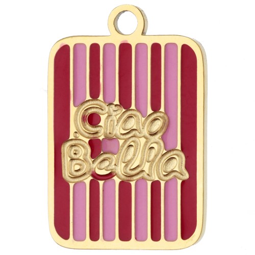 Breloque rectangle 16.5x11 mm - Ciao Bella - Acier inox 316L Doré - Rouge - Rose