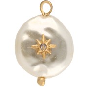 Pendentif rond irrégulier imit nacre & étoile 17x12mm Blanc - Doré à l'or fin x1